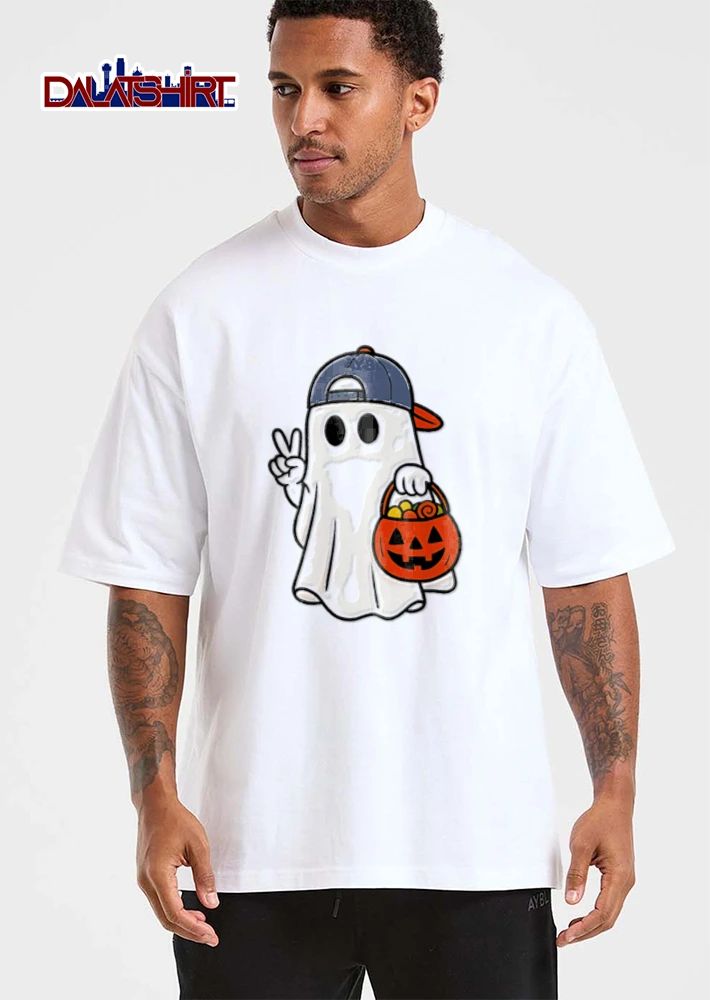 Ghost wearing cap peace sign pumpkin bucket shirt