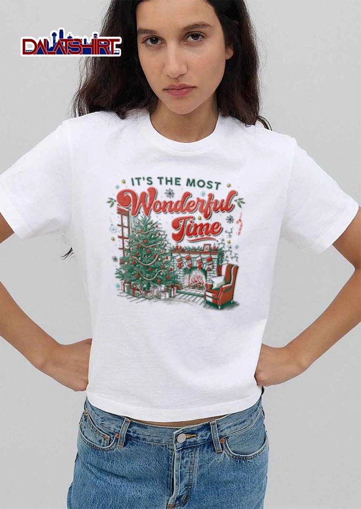 Its The Most Wonderful Time Christmas tree fireplace stockings armchair shirt