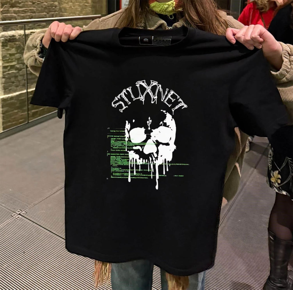Stuxnet Virus Melting Skull and USB Symbol Programming Code shirt