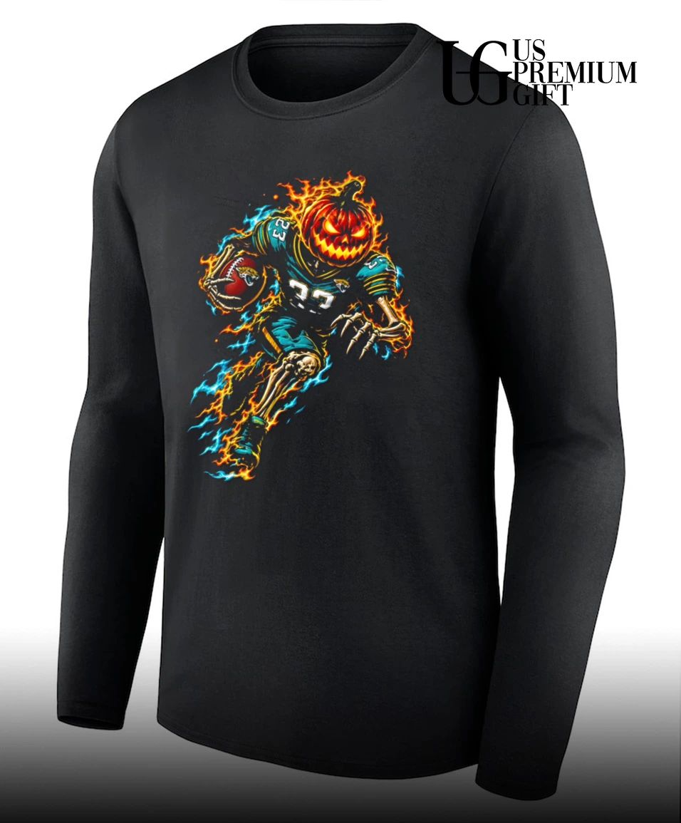 Fiery skeleton pumpkin head running football shirt