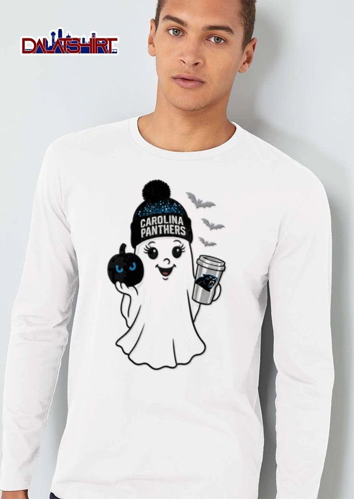 Carolina Panthers ghost wearing beanie holding pumpkin shirt
