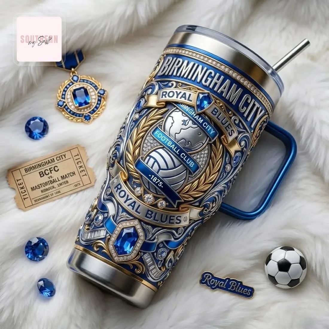Birmingham City FC Royal Blues Premium Ornate 40oz Insulated Tumbler with Handle