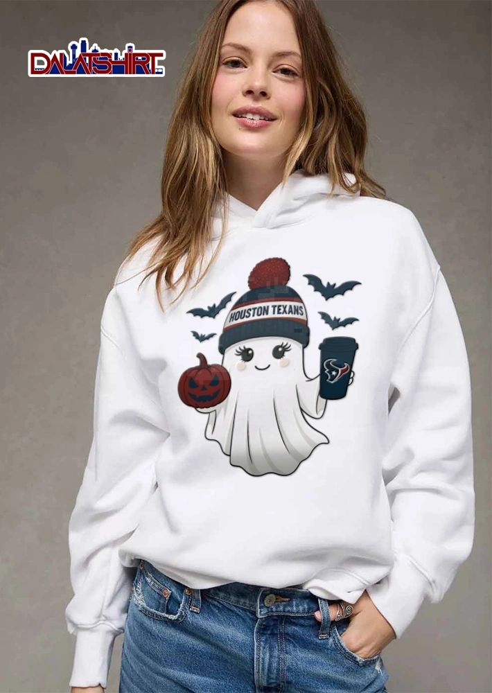 Houston Texans ghost wearing beanie holding pumpkin coffee shirt