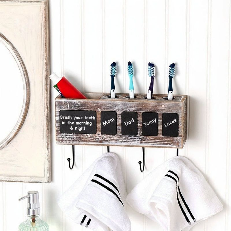 Bathroom Wooden Toothbrush Holder with Chalkboard Labels