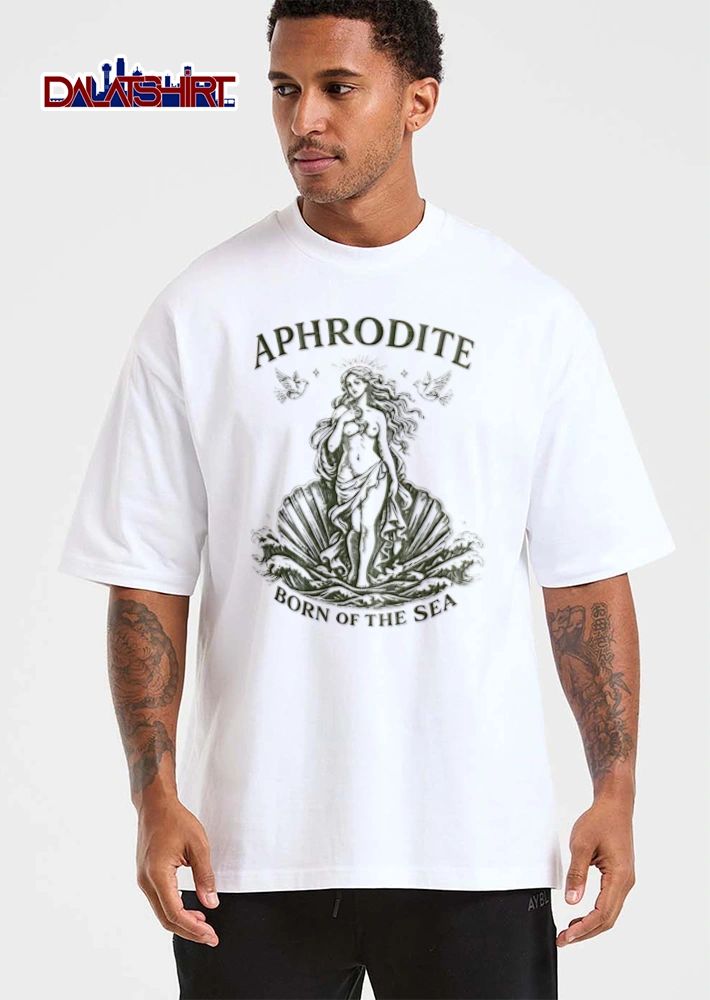 Aphrodite Born Of The Sea goddess standing in seashell doves shirt