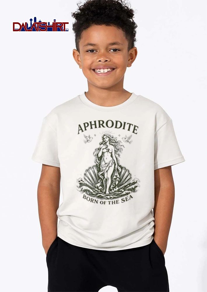 Aphrodite Born Of The Sea goddess standing in seashell doves shirt