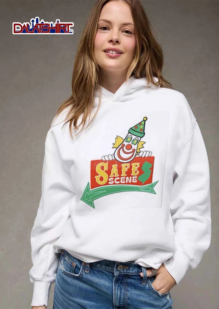 Safe Scene clown holding sign new jersey map shirt