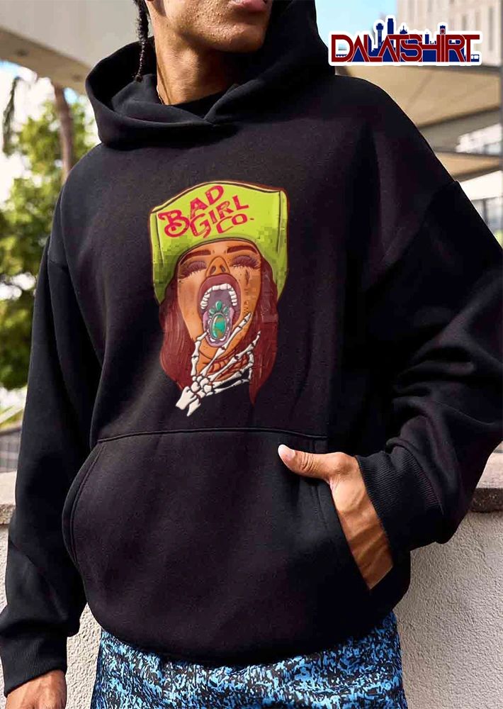 Bad Girl Co woman wearing beanie skeleton hand turquoise gemstone shirt
