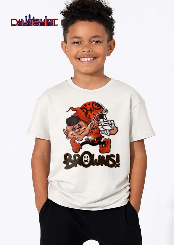 Cleveland Browns elf mascot holding football helmet shirt