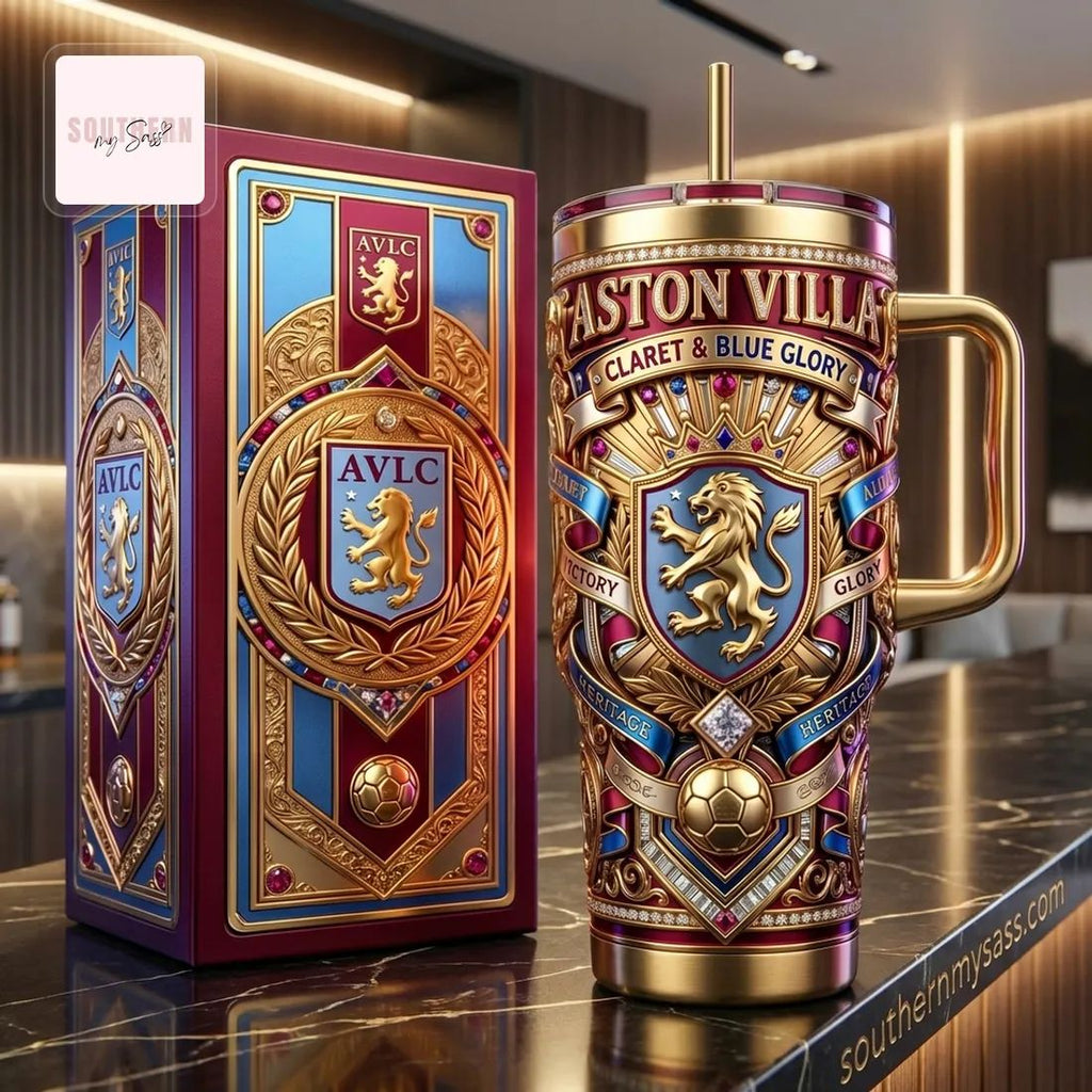 Aston Villa FC Luxury Gold Embellished 40oz Tumbler With Handle