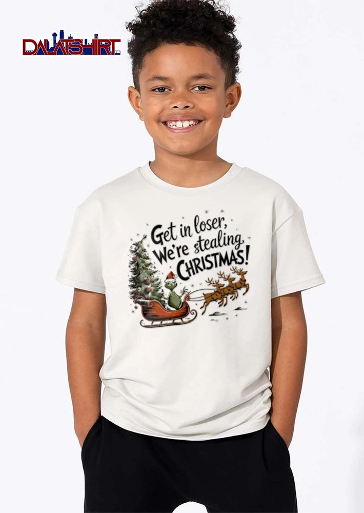 Get In Loser We Are Stealing Christmas green creature driving sleigh reindeer shirt