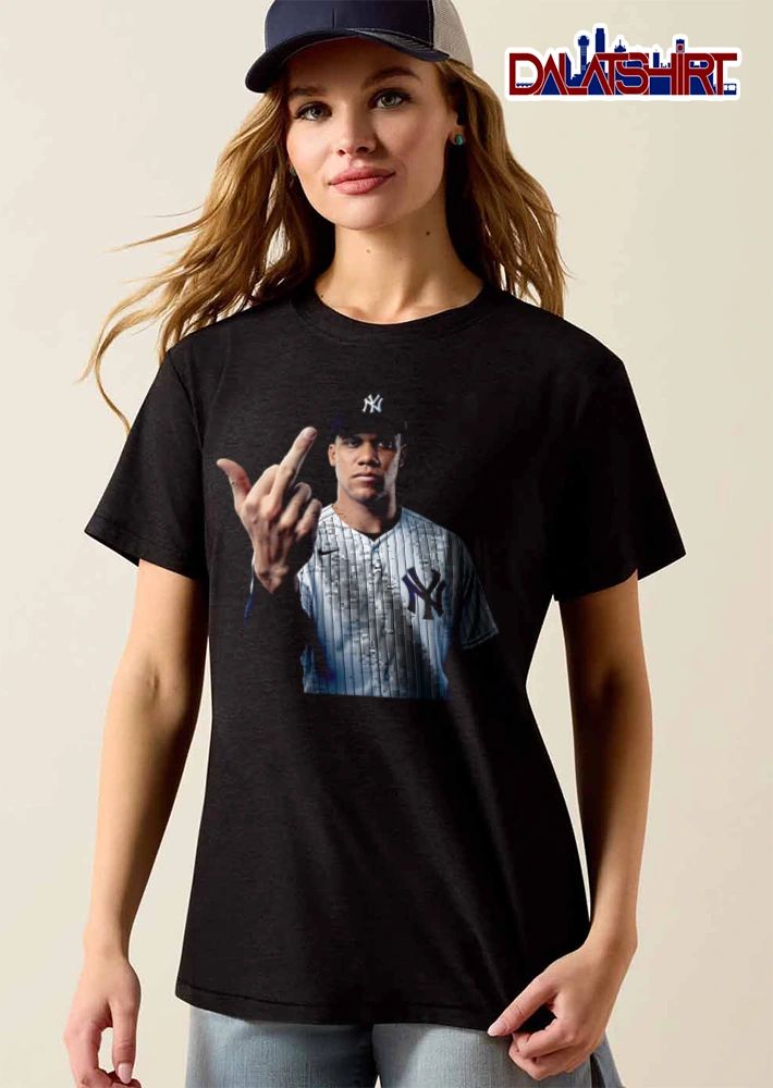 New York Yankees Juan Soto man wearing pinstripe jersey middle finger shirt