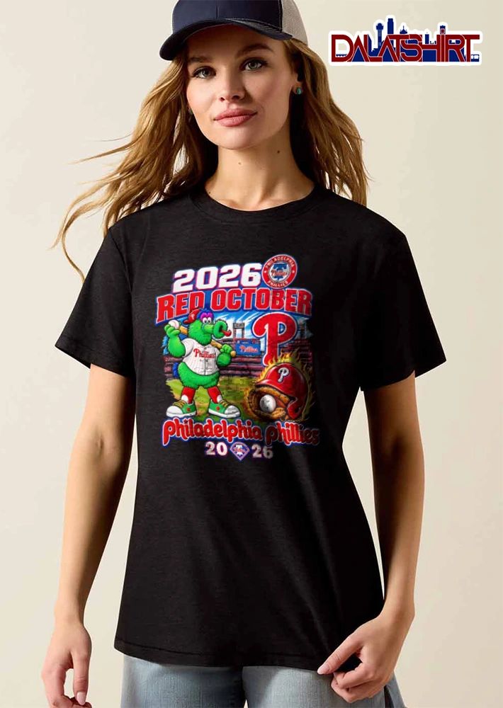 Philadelphia Phillies Red October green mascot holding baseball bat baseball stadium flaming helmet glove 2026 shirt