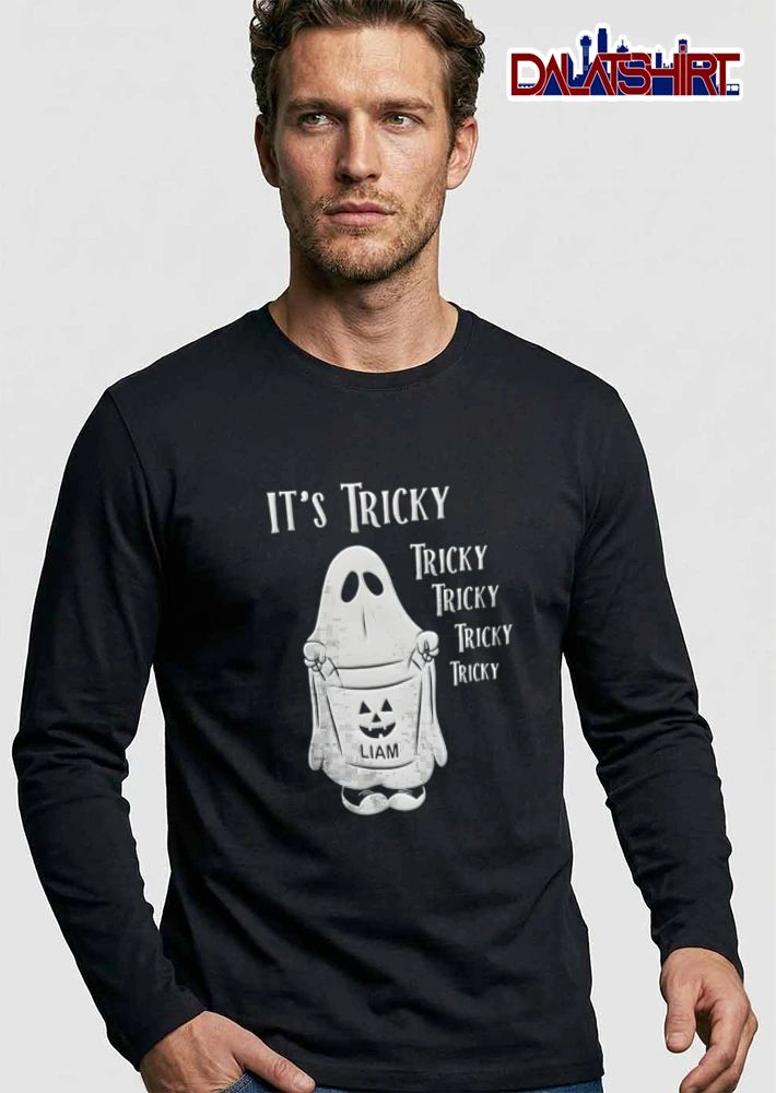 Liam Its Tricky ghost holding jack O lantern bucket shirt