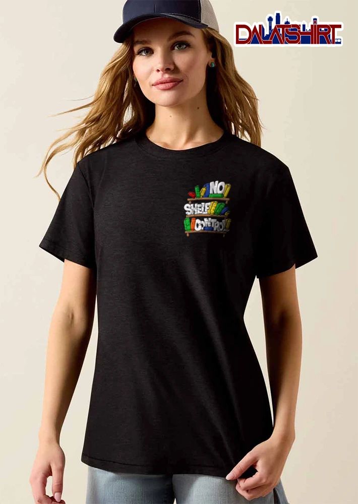 No Shelf Control books on wooden shelves embroidery shirt