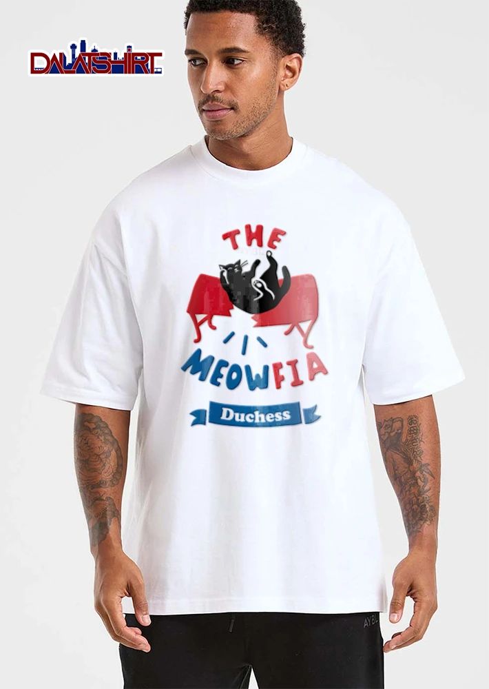 Duchess The Meowfia black cat breaking red table shirt