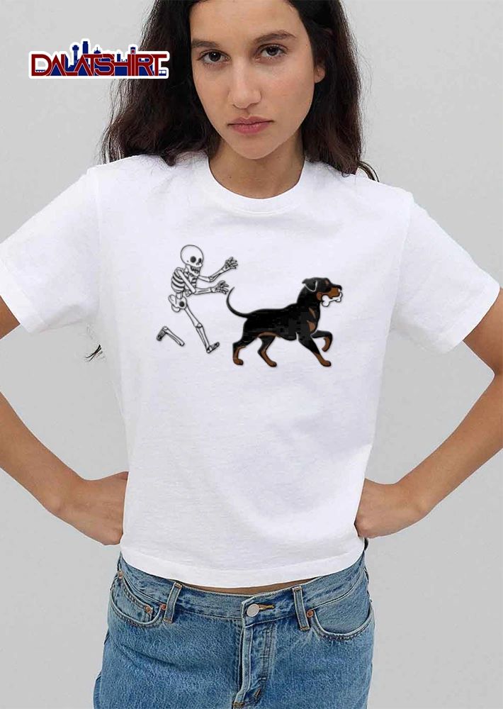 Skeleton chasing rottweiler holding bone shirt