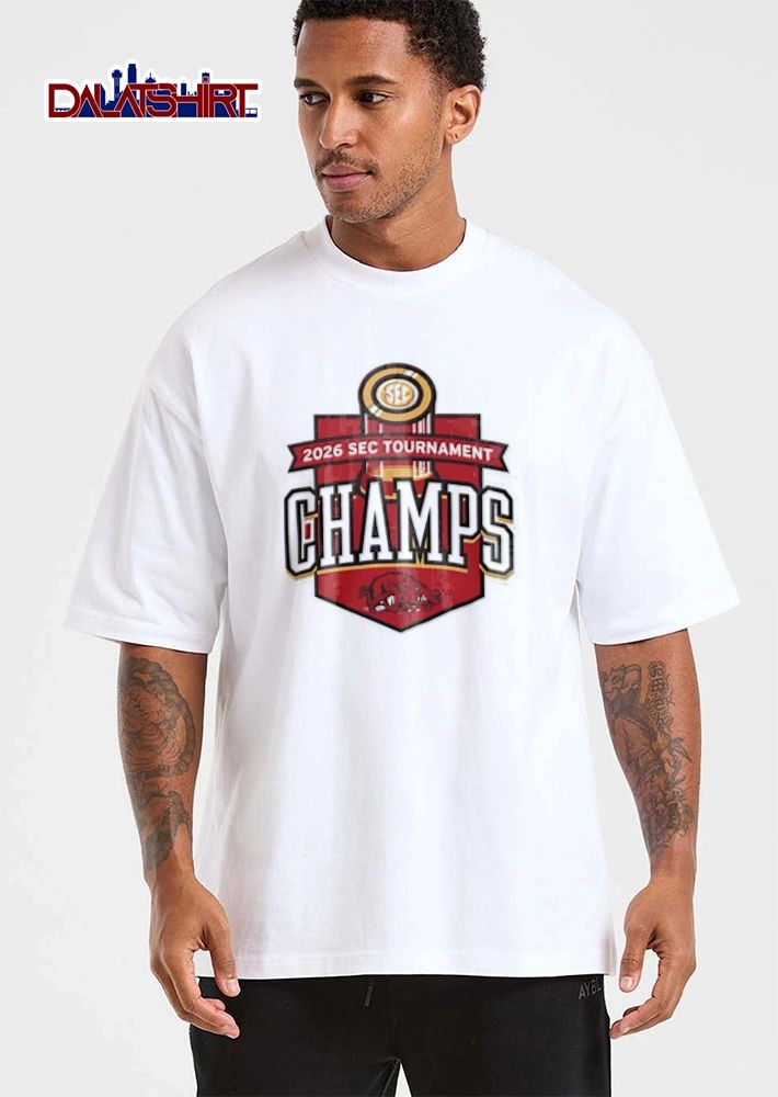 Arkansas Razorbacks 2026 SEC Tournament Champs trophy logo razorback mascot graphic shirt