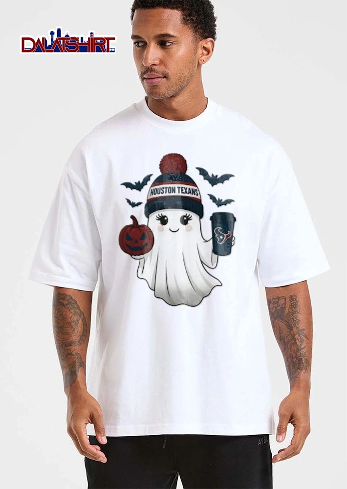 Houston Texans ghost wearing beanie holding pumpkin coffee shirt