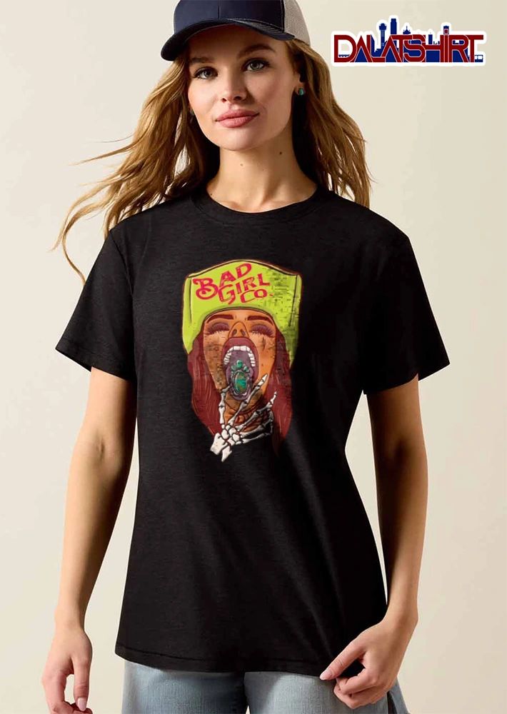 Bad Girl Co woman wearing beanie skeleton hand turquoise gemstone shirt