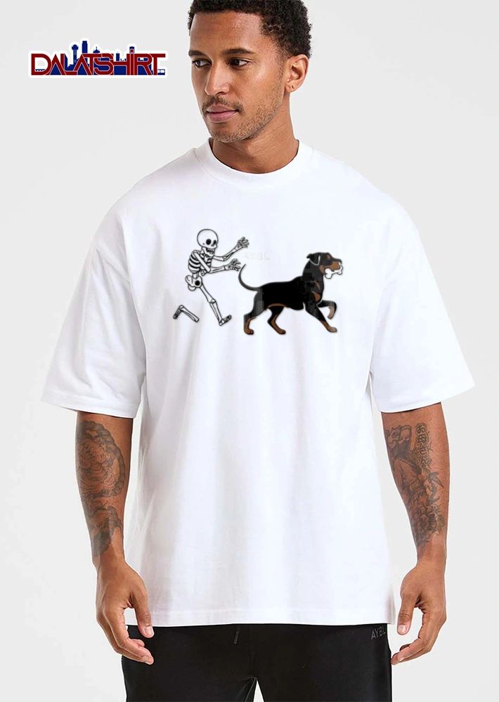 Skeleton chasing rottweiler holding bone shirt