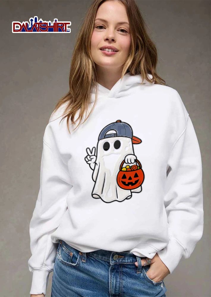 Ghost wearing cap peace sign pumpkin bucket shirt