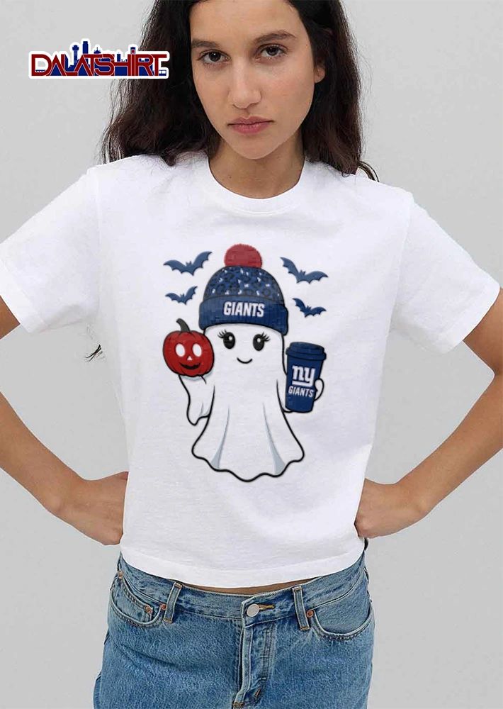 New York Giants ghost wearing beanie holding pumpkin coffee shirt