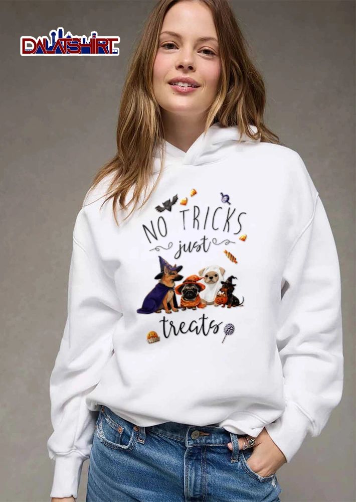 NO Tricks Just Treats four dogs wearing Halloween costumes shirt