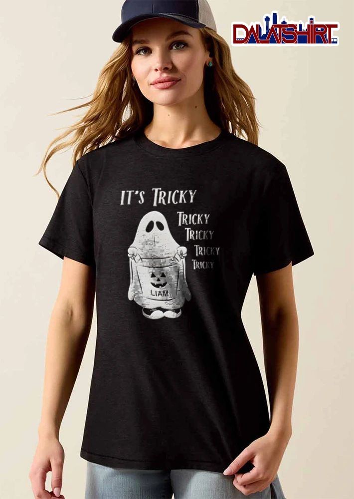 Liam Its Tricky ghost holding jack O lantern bucket shirt
