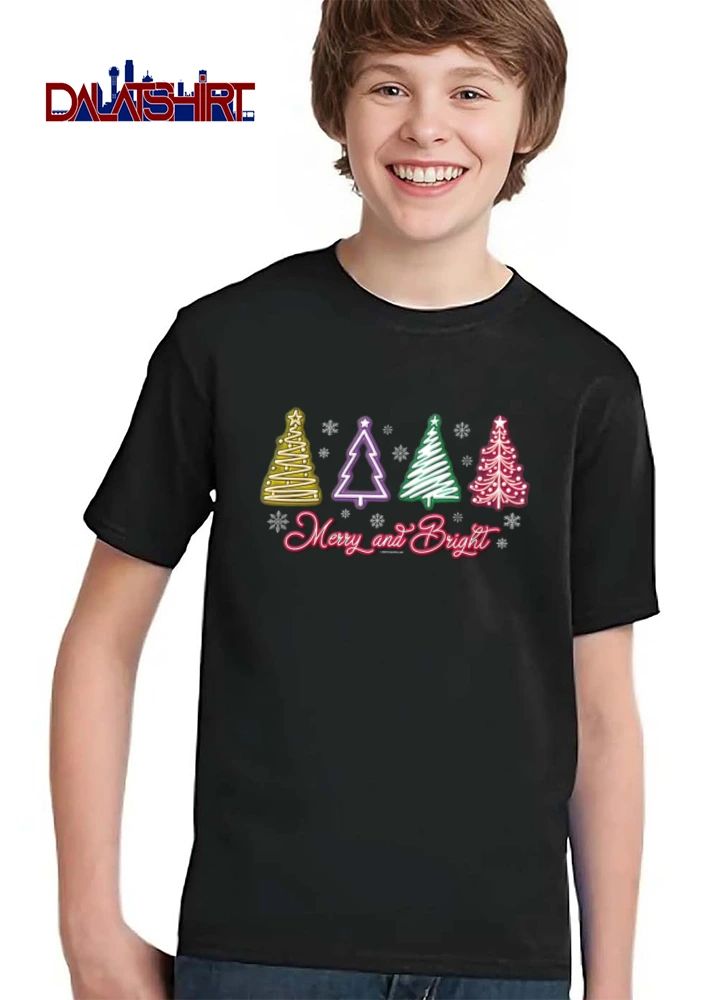 Merry And Bright four neon Christmas trees snowflakes shirt