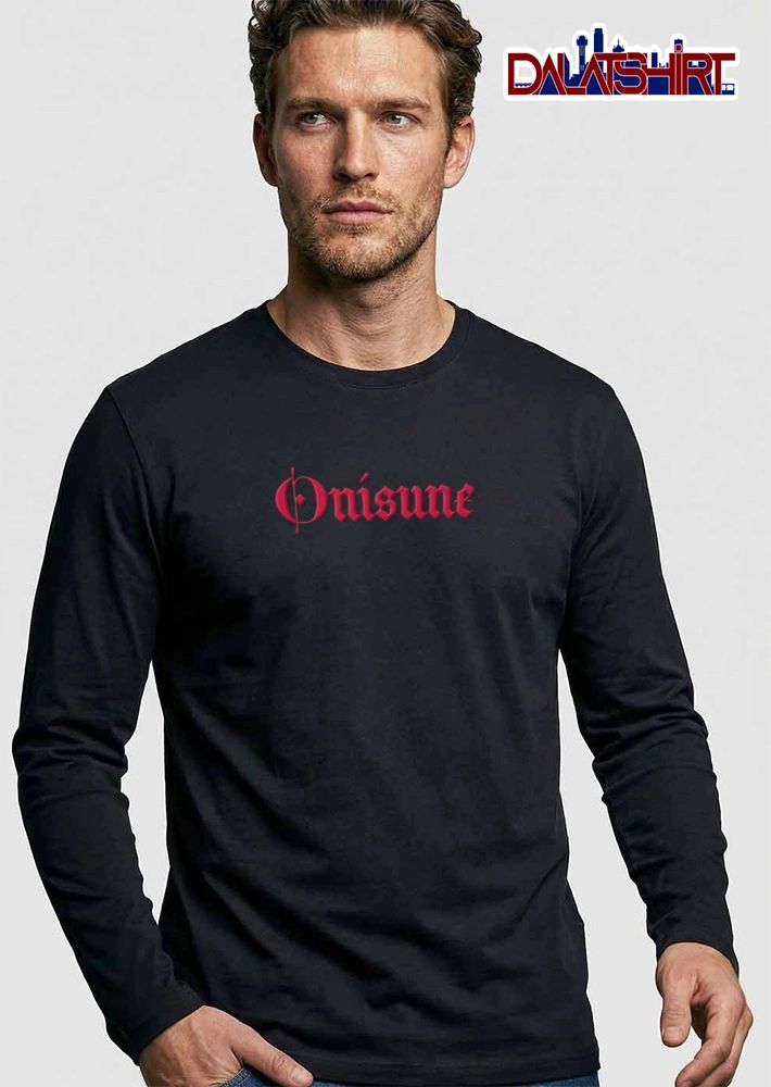 Onisune red gothic lettering black background shirt