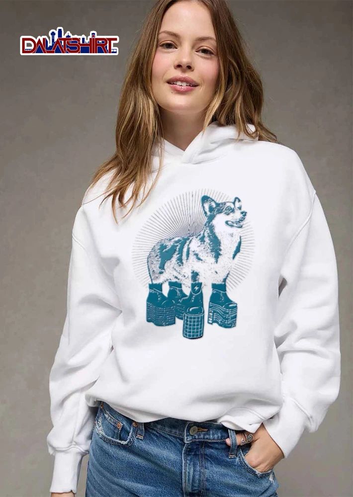 Corgi wearing platform boots sunburst shirt