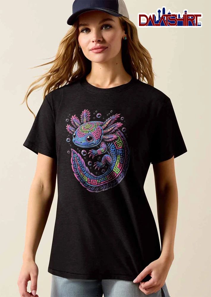 Neon axolotl geometric pattern bubbles shirt
