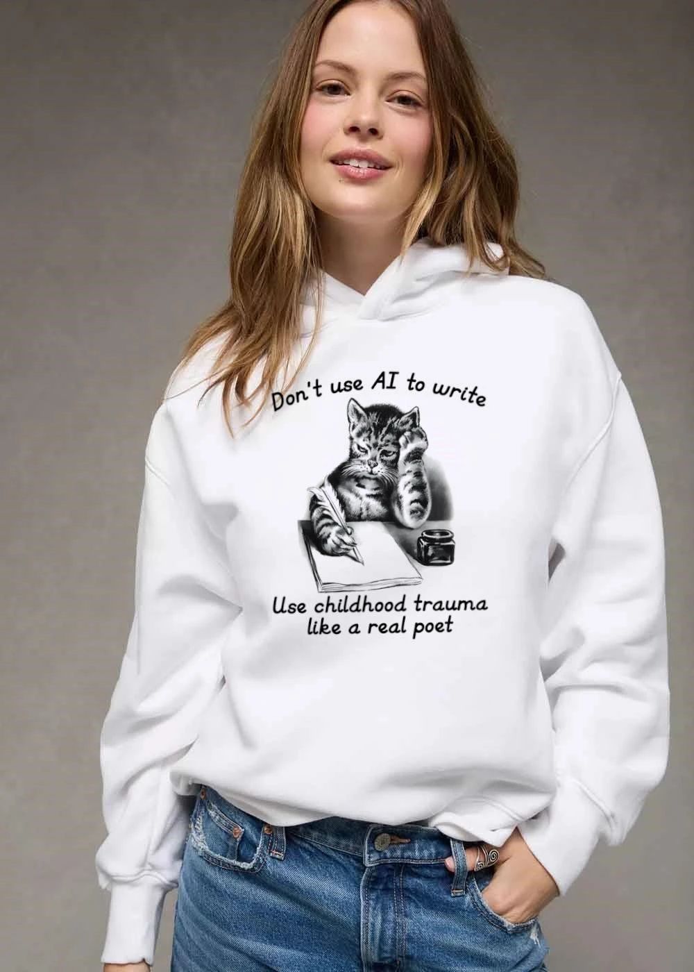 Dont Use Ai To Write Childhood Trauma Like A Real Poet Cat Writing Quill Inkwell Sketch shirt