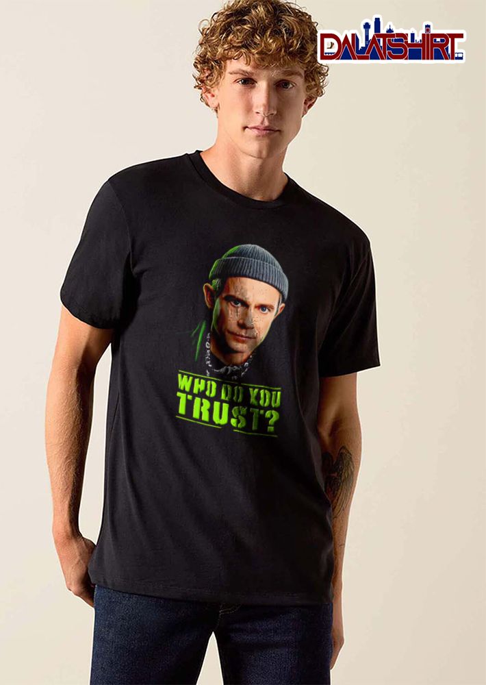 Who Do You Trust man wearing beanie scarf portrait shirt