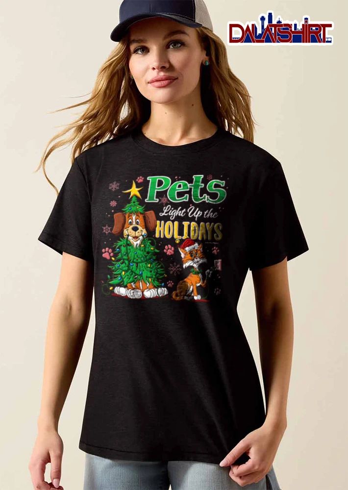 Pets Light Up The Holidays dog wrapped in lights cat plugging in shirt