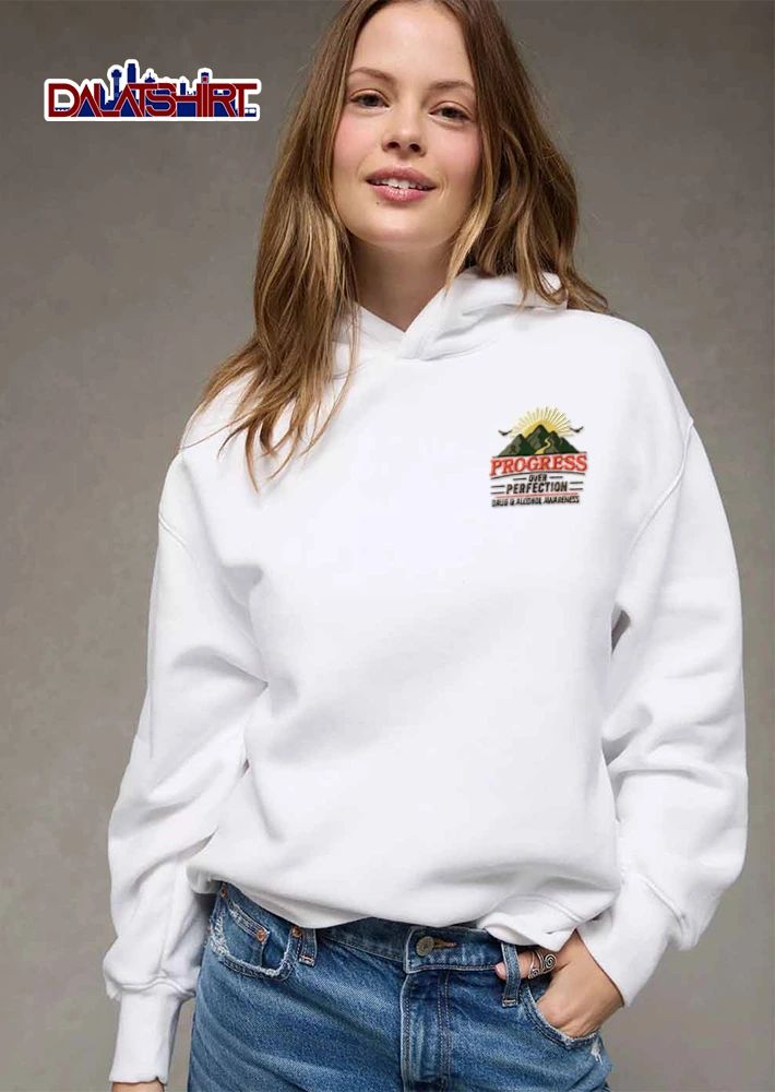 Progress Over Perfection Drug And Alcohol Awareness mountains sun birds ribbon illustration shirt