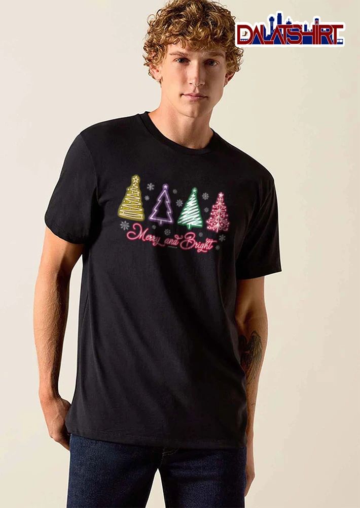 Merry And Bright four neon Christmas trees snowflakes shirt