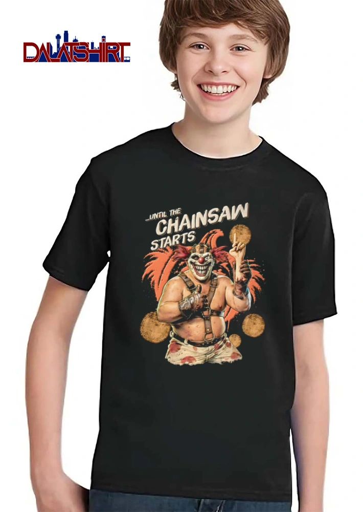 Until The Chainsaw Starts evil clown holding severed hand shirt