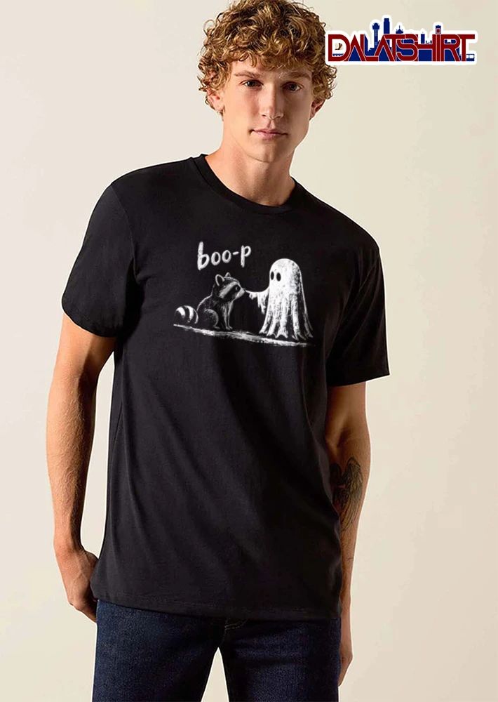 Boo-P ghost touching raccoon nose illustration shirt