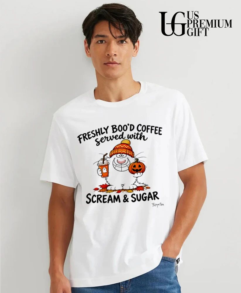 Freshly Bood Coffee Served With Scream and Sugar pumpkin Halloween shirt