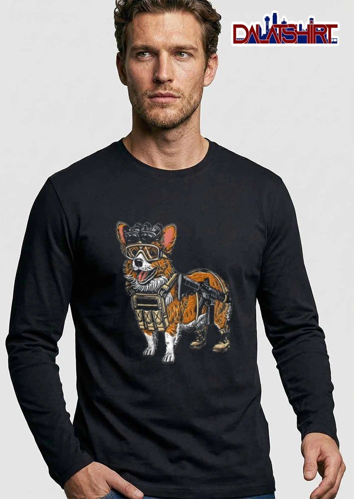 Corgi wearing tactical gear rifle shirt
