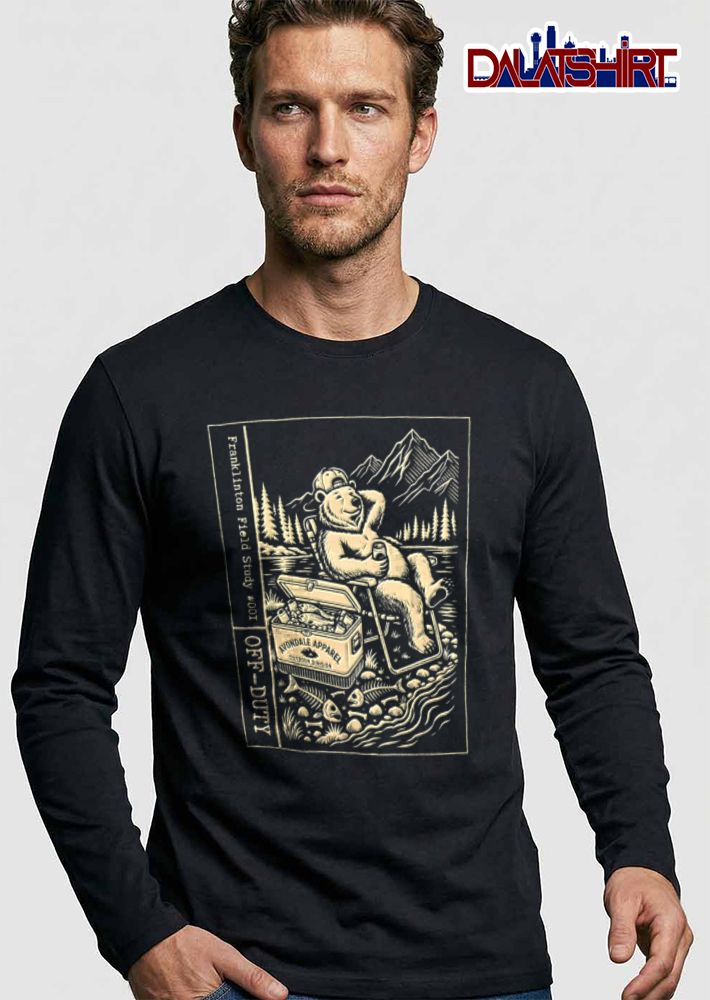 Avondale Apparel Franklinton Field Study Off Duty bear sitting chair drinking beer fishing shirt