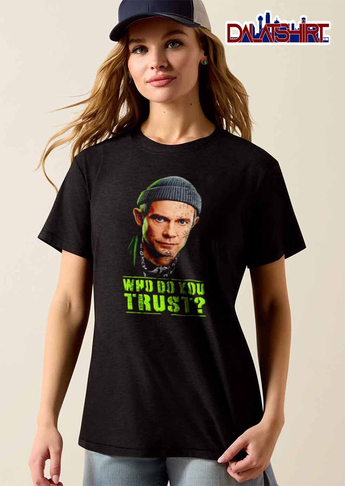 Who Do You Trust man wearing beanie scarf portrait shirt