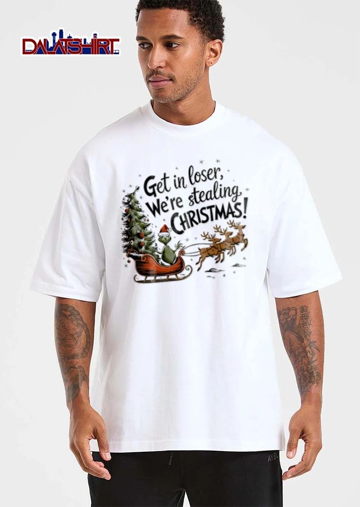 Get In Loser We Are Stealing Christmas green creature driving sleigh reindeer shirt