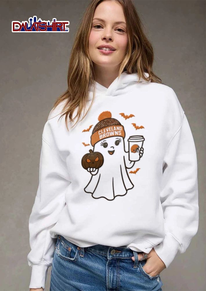 Cleveland Browns ghost wearing beanie holding pumpkin shirt