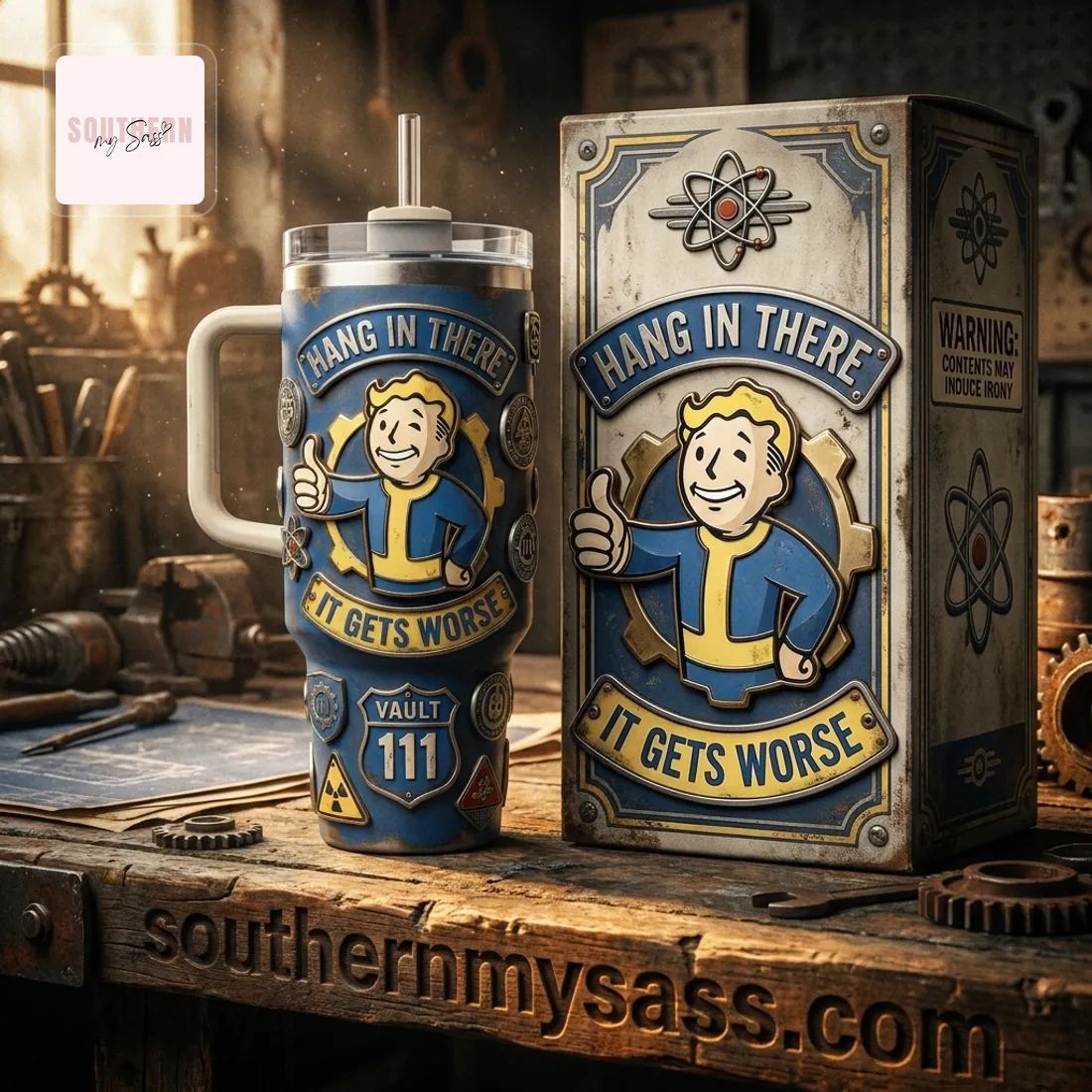 Fallout Vault Boy “Hang In There It Gets Worse” Premium Embossed Tumbler