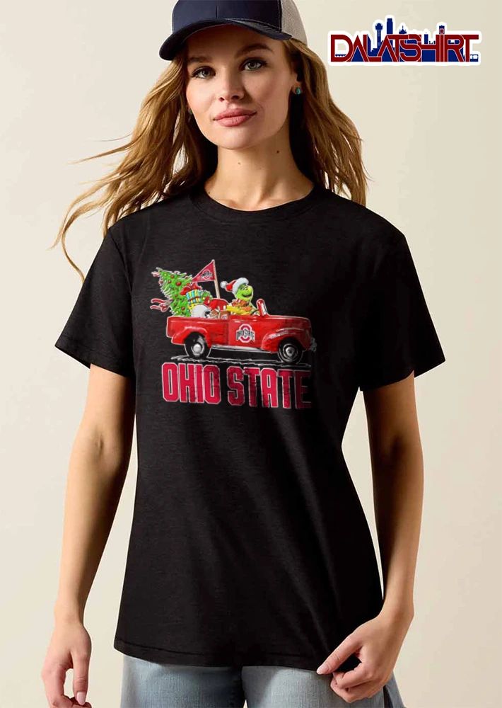 Christmas Ohio State Grinch driving red truck Christmas tree shirt
