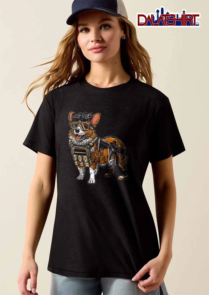 Corgi wearing tactical gear rifle shirt