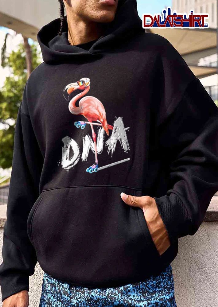 Flamingo wearing headphones rollerblading shirt